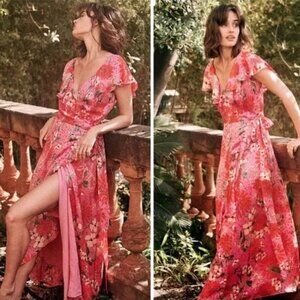 Sezane Pink Silk Floral Wrap Dress
